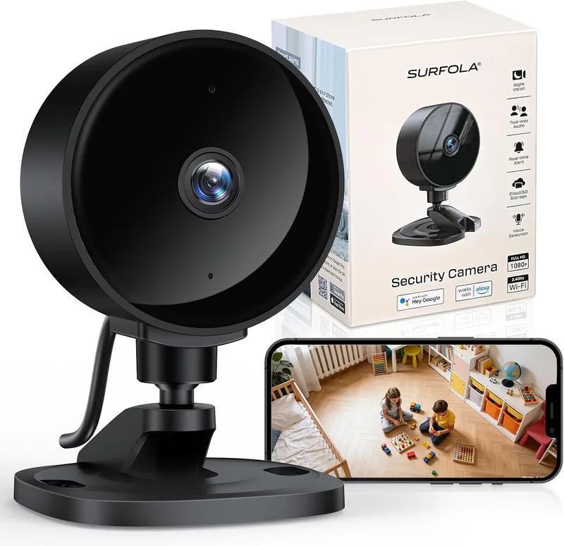 Surfola ▫️ Câmara de vigilância WiFi interior câmara para bebés/animais de estimação 1080P FHD com deteção de movimento e som AI, visão nocturna, áudio bidirecional, aplicação, Alexa e Google Home, 1 pacote