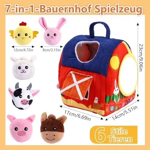 Hopton ▫️ Brinquedo para bebés a partir dos 6, 9 e 12 meses, brinquedo educativo Montessori Sensorik, brinquedo de motricidade com tema de quinta, em peluche, com 6 animais, chocalho e espelho, presente de aniversário para 2