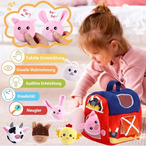 Hopton ▫️ Brinquedo para bebés a partir dos 6, 9 e 12 meses, brinquedo educativo Montessori Sensorik, brinquedo de motricidade com tema de quinta, em peluche, com 6 animais, chocalho e espelho, presente de aniversário para 3