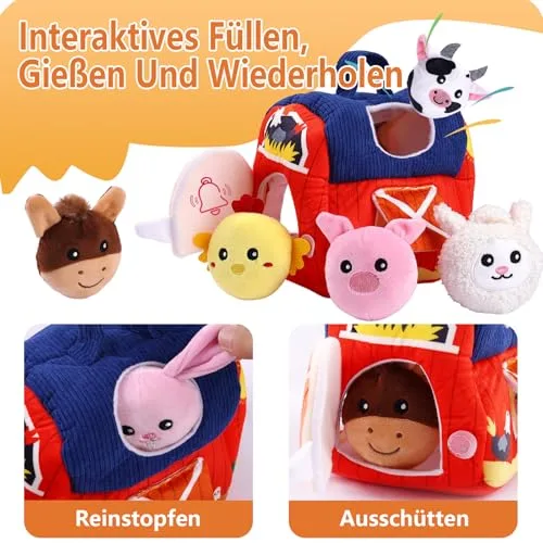 Hopton ▫️ Brinquedo para bebés a partir dos 6, 9 e 12 meses, brinquedo educativo Montessori Sensorik, brinquedo de motricidade com tema de quinta, em peluche, com 6 animais, chocalho e espelho, presente de aniversário para 4