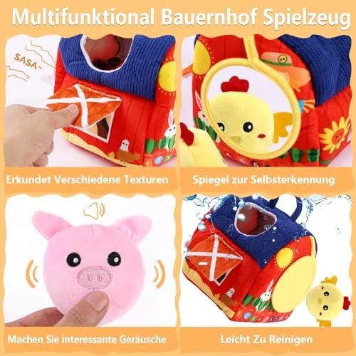 Hopton ▫️ Brinquedo para bebés a partir dos 6, 9 e 12 meses, brinquedo educativo Montessori Sensorik, brinquedo de motricidade com tema de quinta, em peluche, com 6 animais, chocalho e espelho, presente de aniversário para 5