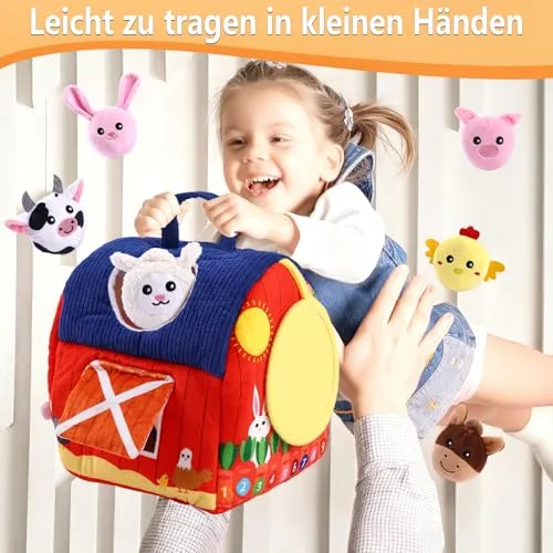 Hopton ▫️ Brinquedo para bebés a partir dos 6, 9 e 12 meses, brinquedo educativo Montessori Sensorik, brinquedo de motricidade com tema de quinta, em peluche, com 6 animais, chocalho e espelho, presente de aniversário para 6
