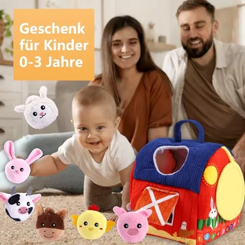 Hopton ▫️ Brinquedo para bebés a partir dos 6, 9 e 12 meses, brinquedo educativo Montessori Sensorik, brinquedo de motricidade com tema de quinta, em peluche, com 6 animais, chocalho e espelho, presente de aniversário para 7