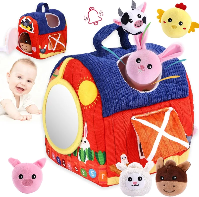 Hopton ▫️ Brinquedo para bebés a partir dos 6, 9 e 12 meses, brinquedo educativo Montessori Sensorik, brinquedo de motricidade com tema de quinta, em peluche, com 6 animais, chocalho e espelho, presente de aniversário para