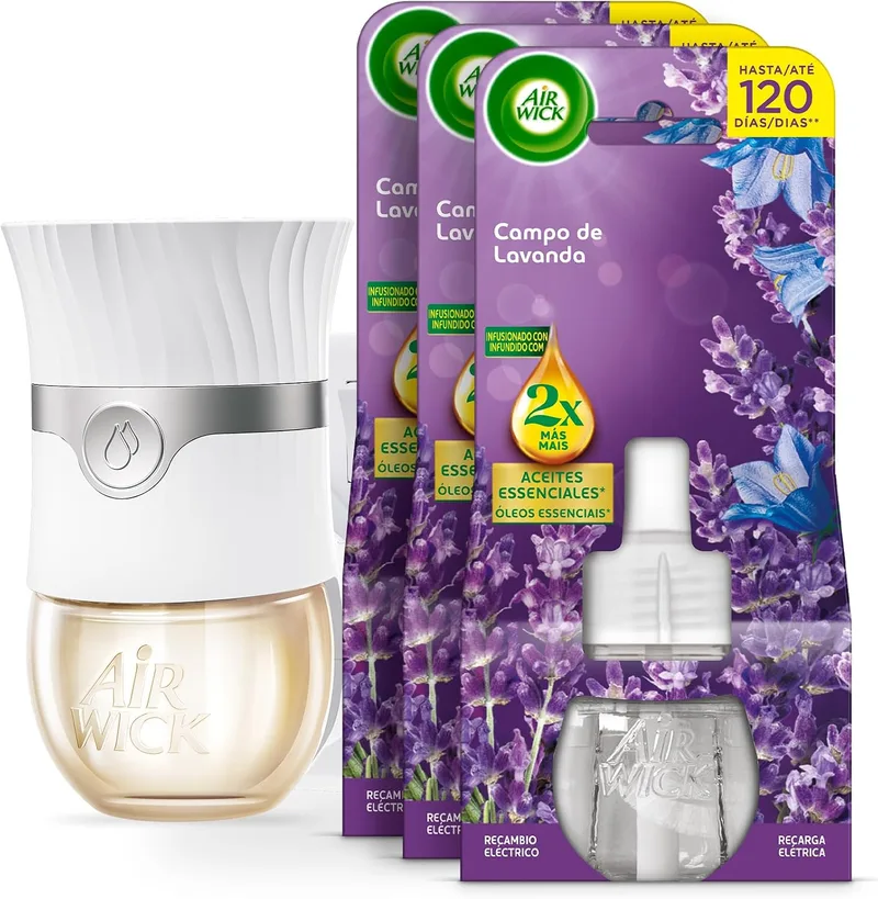 Air Wick ▫️ Ambientador Elétrico - Difusor inteligente com tecnologia Anti-Fading + 3 recargas com aroma a lavanda, enriquecidas com o dobro de óleos essenciais