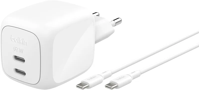 Belkin ▫️ BoostCharge Pro Carregador USB-C de 2 portas, 67 W, carregamento rápido | Cabo USB-C de 2 m, dupla tomada USB-C GaN para MacBook, iPhone, iPad Pro, Chromebook, Samsung Galaxy, Pixel, etc. - Branco