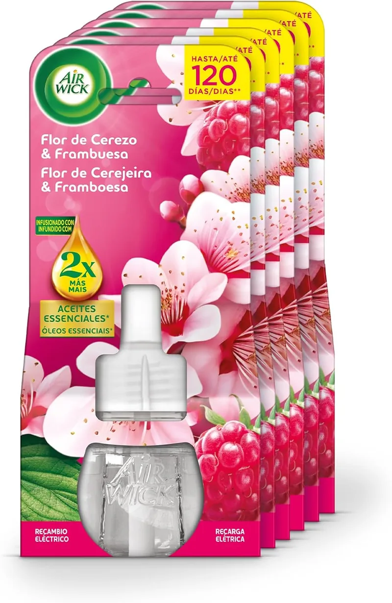 Air Wick ▫️ elétrico, embalagem com 6 recargas com aroma a flor de cerejeira e framboesa