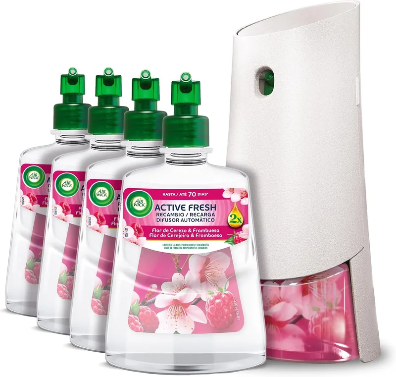 Air Wick ▫️ Active Fresh - aparelho e 4 recargas de ambientador automático com fragrância de flor de cerejeira e framboesa, 280 dias de frescura