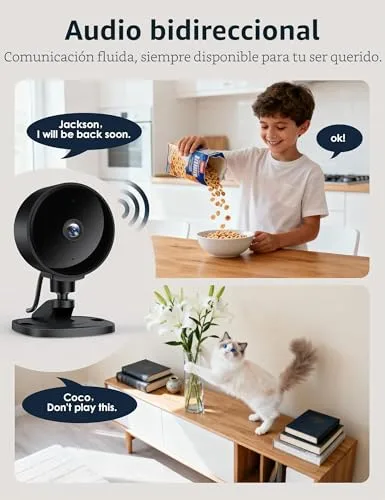 Surfola ▫️ Câmara de vigilância Wi-Fi para interiores câmara 1080P FHD para bebés/animais de estimação com deteção de movimento e som por IA, visão noturna, áudio bidirecional, aplicação, Alexa e Google Home, embalagem com 2 unidades 5
