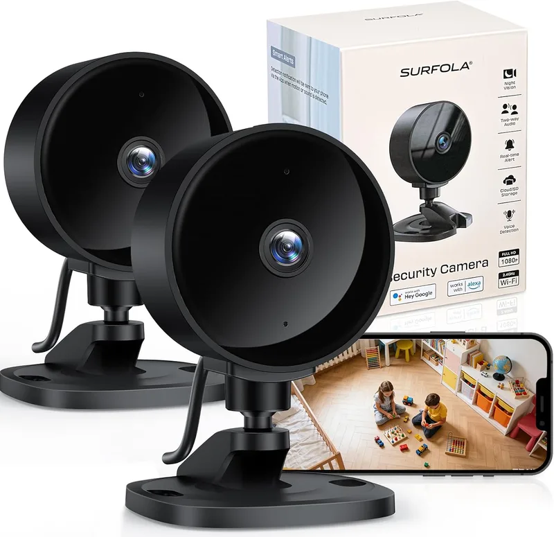 Surfola ▫️ Câmara de vigilância Wi-Fi para interiores câmara 1080P FHD para bebés/animais de estimação com deteção de movimento e som por IA, visão noturna, áudio bidirecional, aplicação, Alexa e Google Home, embalagem com 2 unidades