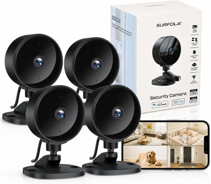 Surfola ▫️ Câmara de vigilância Wi-Fi para interiores câmara 1080P FHD para bebés/animais de estimação com deteção de movimento e som por IA, visão noturna, áudio bidirecional, aplicação, compatível com Alexa e Google Home, embalagem de 4 unidades