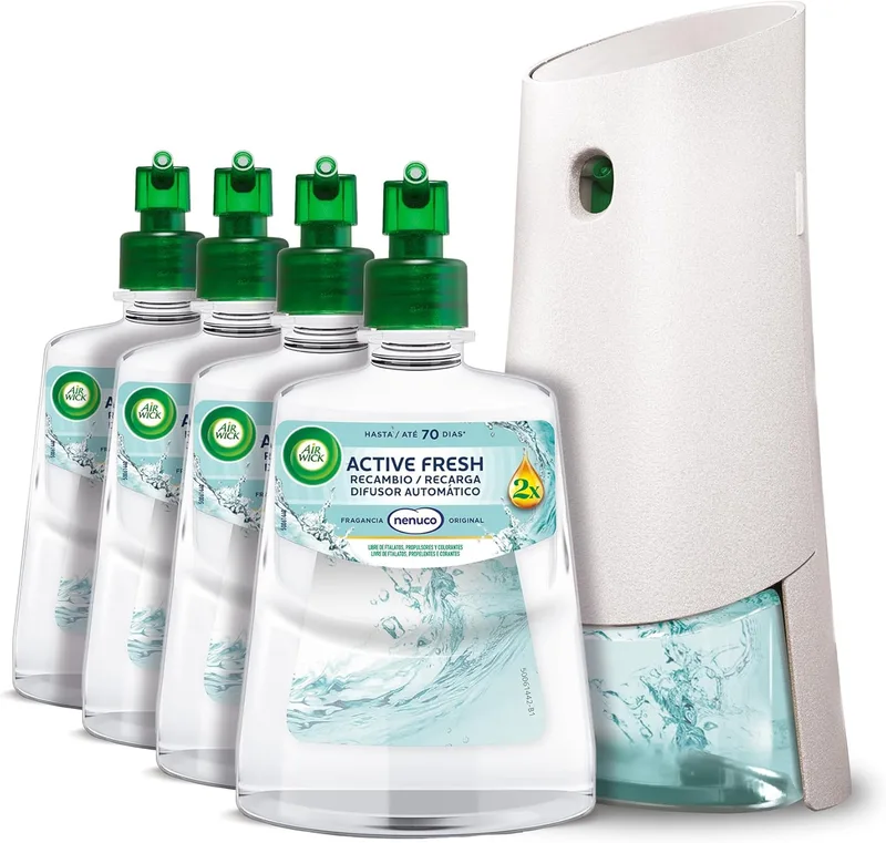 Air Wick ▫️ Active Fresh - aparelho e 4 recargas de ambientador automático com a fragrância Nenuco, enriquecido com o dobro de óleos essenciais, 280 dias de frescura