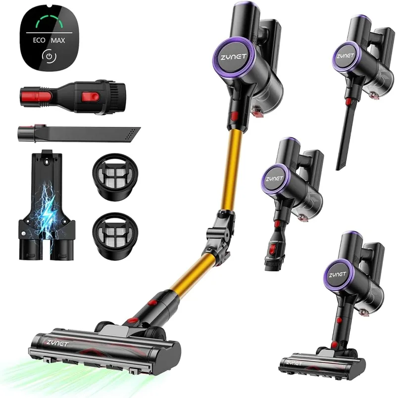 Zynet ▫️ Aspirador de pó sem fio S9,45KPA/550W Aspirador de pó sem fio com tubo dobrável e base de carregamento na parede, luz verde, motor sem escova, até 45 minutos, para pêlos de animais, pisos e carpetes