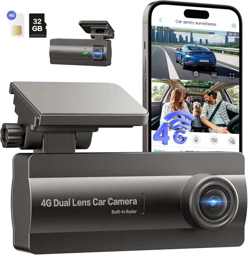 NUASI ▫️ 4G LTE Dash CAM para carro 2K+1080P, modo de estacionamento 24/7, GPS, OBD, G-Sensor, alertas de aplicações e visualização em direto, visão nocturna, gravação em loop, cartão SD de 32 GB incluído