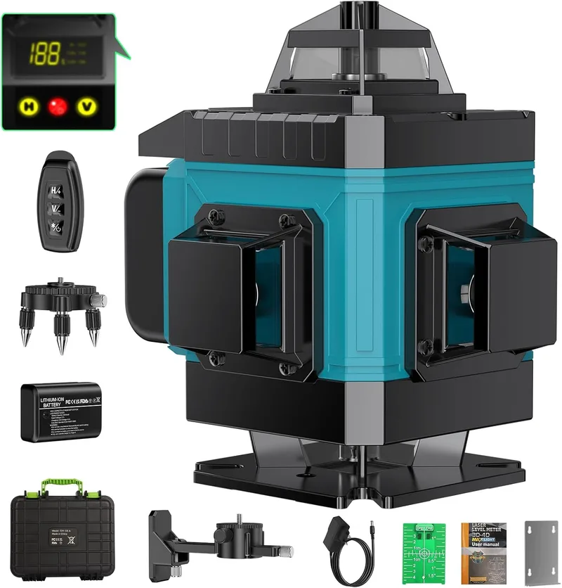 Pdgrid ▫️ Nível laser autonivelante 360 graus, nível laser verde 16 linhas, 2 x 360 horizontal e 2 x 360 vertical, 2 x bateria, montagem na parede, controlo remoto, base magnética, suporte giratório