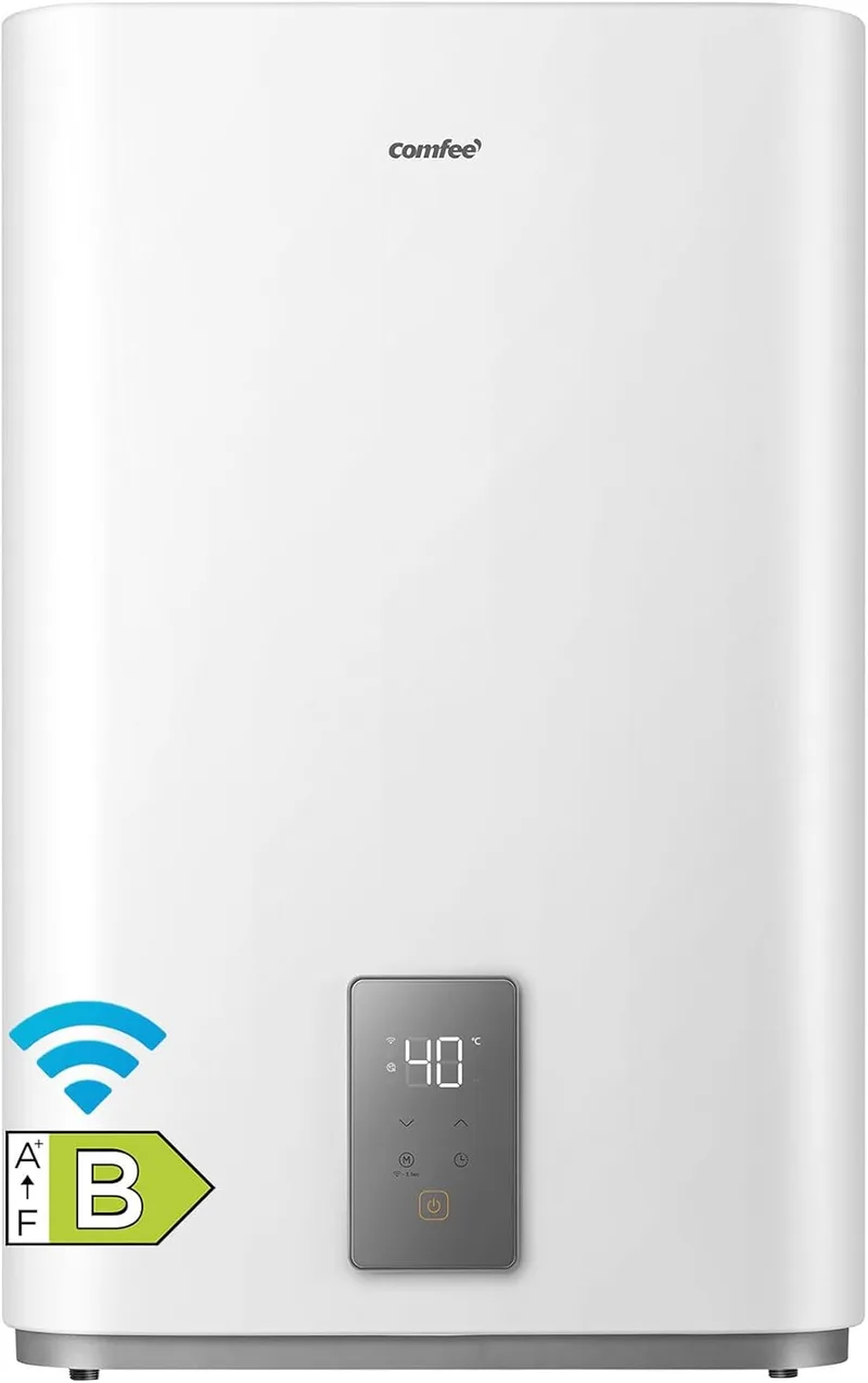 Comfee ▫️ ' CWH15ED1350EUW Aquecedor elétrico de parede 50L, tanque duplo, com espaço debaixo do lava-loiça, compacto e fácil de instalar, ligação Wi-Fi, controlo remoto por aplicação, branco
