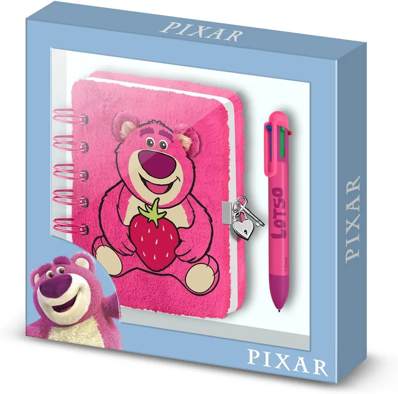 Disney ▫️ Lotso Carinhoso Strawberry - Conjunto de Diário de Peluche + Caneta de 6 Cores, Rosa