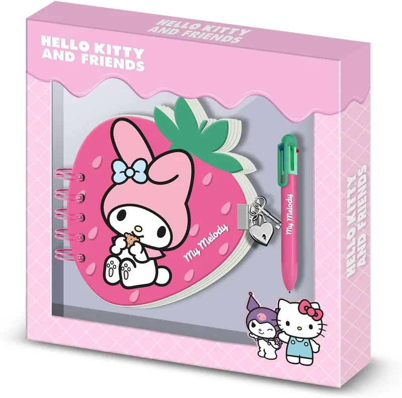 KARACTERMANIA ▫️ Hello Kitty My Melody Strawberry - Conjunto de agenda Strawberry + esferográfica de 6 cores, cor-de-rosa