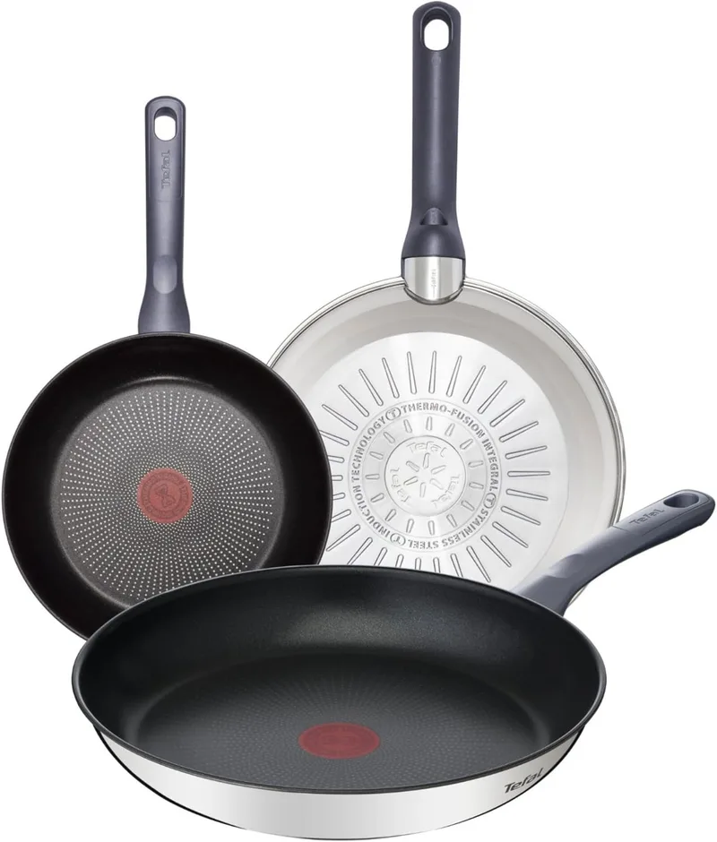 Tefal ▫️ Daily Cook - Conjunto de frigideiras de 24/26/30 cm, adequado para indução, antiaderente, revestimento de titânio, Thermo-signal, adequado para máquina de lavar louça e forno, aço inoxidável