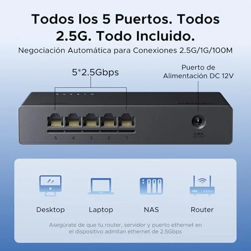 UGREEN ▫️ Hub Ethernet de 2,5 G com 5 portas RJ45, Plug and Play, 100/1000/2500 Mbps 3