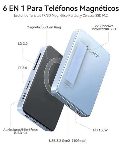 ORICO ▫️ Caixa magnética 10 Gbps para SSD M.2 NVMe com base USB-C, compatível com gravação ProRes para iPhone 17/16/15 Pro/MAX/Plus; Ranhura TF/SD; PD 100 W para SSD 2230/2242/2260/2280; Diskless AP80F Preto 2