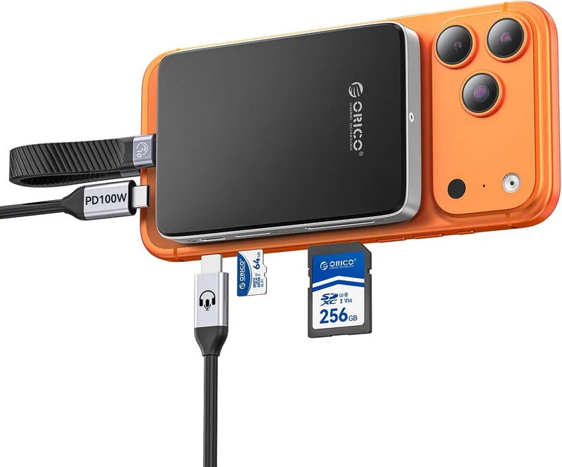 ORICO ▫️ Caixa magnética 10 Gbps para SSD M.2 NVMe com base USB-C, compatível com gravação ProRes para iPhone 17/16/15 Pro/MAX/Plus; Ranhura TF/SD; PD 100 W para SSD 2230/2242/2260/2280; Diskless AP80F Preto