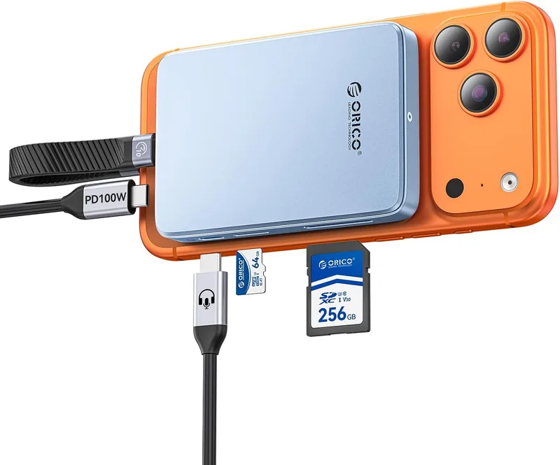 ORICO ▫️ Caixa magnética para SSD M.2 NVMe de 10 Gbps com base USB-C, compatível com gravação ProRes para iPhone 17/16/15 Pro/MAX/Plus Ranhura TF/SD PD 100W para SSD 2230/2242/2260/2280 Diskless AP80F Azul