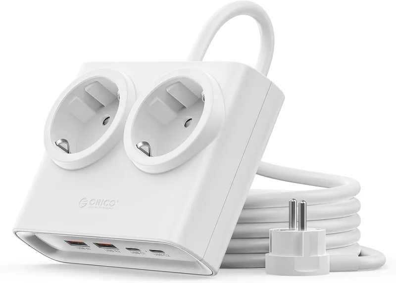 ORICO ▫️ Extensão 6-em-1 PowerBrick Branca - 2 tomadas CA + 4 USB (2 USB-C PD), carregamento rápido de 25 W GAN, cabo de 1,6 m, 2500 W máx. para casa, escritório, secretária (PDC)