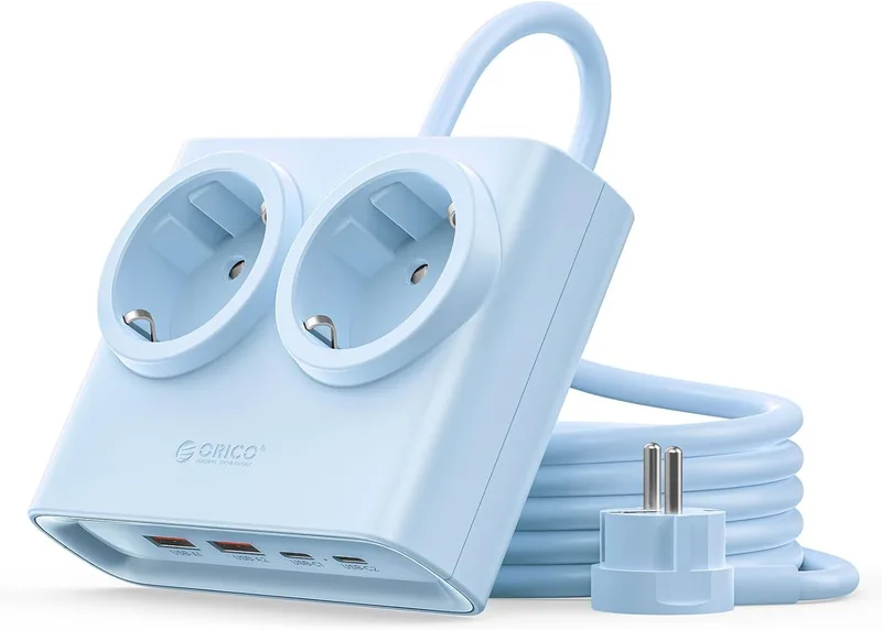 ORICO ▫️ Faixa de potência 6 em 1 PowerBrick Blue - 2 AC + 4 tomadas USB (2 USB-C PD), carregamento rápido GAN de 25W, cabo de 1,6 m, 2500W MAX para casa, escritório, secretária (PDC)