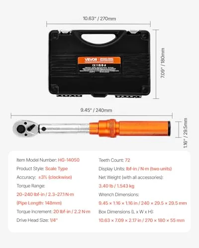 VEVOR ▫️ Conjunto de chaves dinamométricas com acionamento por clique de 1/4", 2,3-27,1 Nm, 72 dentes, escalas bidirecionais e de dupla amplitude, com pontas, chaves de soquete, adaptadores e barra de extensão, cor laranja 7