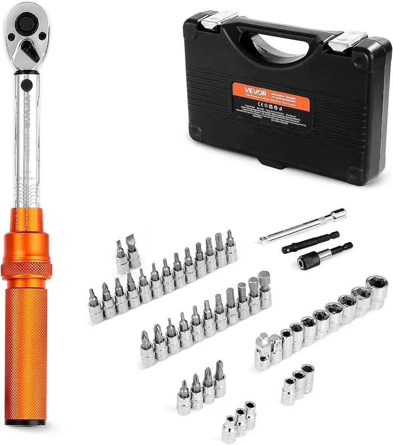 VEVOR ▫️ Conjunto de chaves dinamométricas com acionamento por clique de 1/4", 2,3-27,1 Nm, 72 dentes, escalas bidirecionais e de dupla amplitude, com pontas, chaves de soquete, adaptadores e barra de extensão, cor laranja