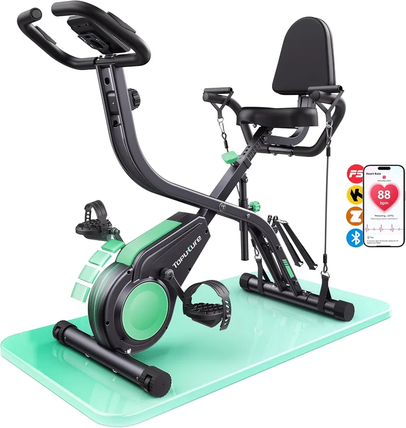 Toputure ▫️ 2026 Bicicleta de exercício dobrável 5 em 1 com APP, bicicleta de exercício com encosto, monitor de frequência cardíaca, LCD e 16 níveis de resistência para casa, base ampla e estável, bandas de resistência, máx. 140 kg