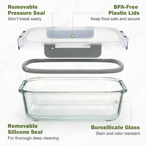 OFFASST ▫️ Recipientes de vidro borossilicato para alimentos, conjunto de 2 peças para preparação de refeições e armazenamento (1040 ml), recipientes herméticos para micro-ondas e máquina de lavar louça, sem BPA 2