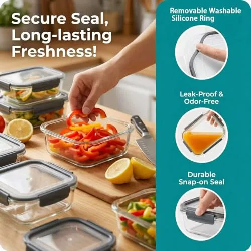 OFFASST ▫️ Recipientes de vidro borossilicato para alimentos, conjunto de 2 peças para preparação de refeições e armazenamento (1040 ml), recipientes herméticos para micro-ondas e máquina de lavar louça, sem BPA 5