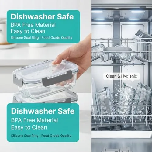 OFFASST ▫️ Recipientes de vidro borossilicato para alimentos, conjunto de 2 peças para preparação de refeições e armazenamento (1040 ml), recipientes herméticos para micro-ondas e máquina de lavar louça, sem BPA 6