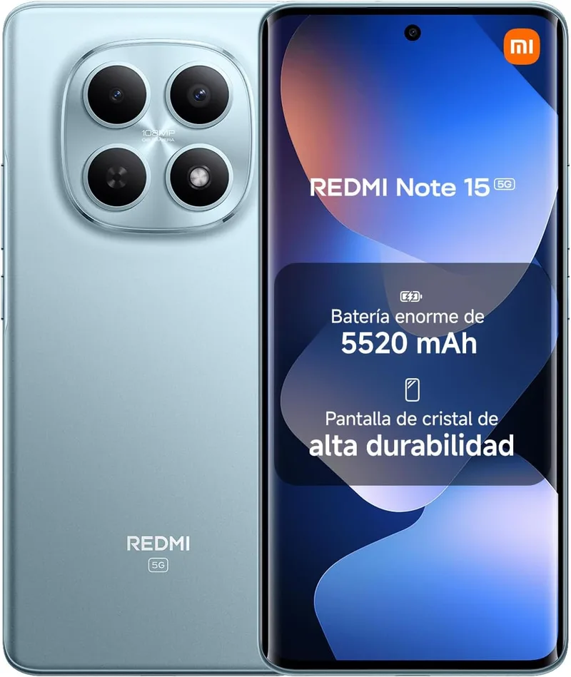 XIAOMI ▫️ REDMI Note 15 5G - Smartphone de 8+256 GB, ecrã AMOLED FHD+ de 6,77", Snapdragon 6 Gen 3, câmara de 108 MP, bateria de 5520 mAh, carregador não incluído, azul glaciar (versão ES)