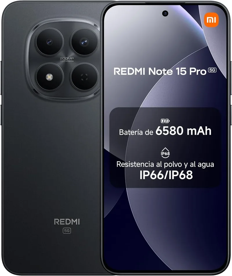 XIAOMI ▫️ REDMI Note 15 Pro 5G - Smartphone de 8+512GB, ecrã AMOLED de 6,83" 1,5K, MediaTek Dimensity 7400-Ultra, câmara de 200MP, bateria de 6580 mAh, carregador não incluído, preto (versão ES)