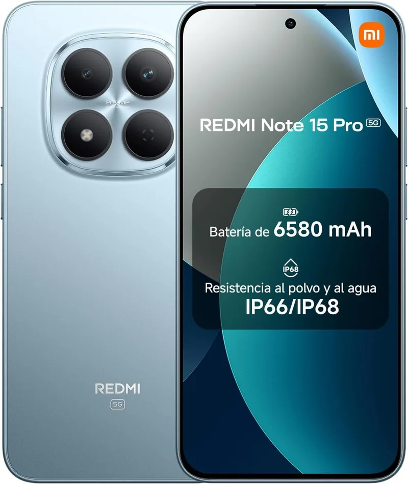 XIAOMI ▫️ REDMI Note 15 Pro 5G - Smartphone de 12+512GB, ecrã AMOLED de 6,83" 1,5K, MediaTek Dimensity 7400-Ultra, câmara de 200MP, 6580 mAh, carregador não incluído, azul glaciar (versão ES)