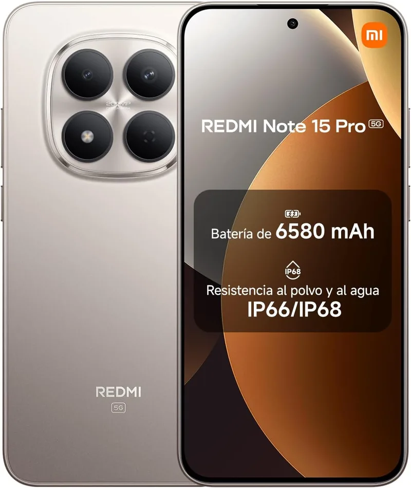 XIAOMI ▫️ REDMI Note 15 Pro 5G - Smartphone de 8+512 GB, Ecrã de 6,83" 1,5K AMOLED, MediaTek Dimensity 7400-Ultra, câmara de 200 MP, bateria de 6580 mAh, carregador não incluído, Titânio (Versão ES)