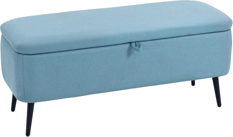 HOMCOM ▫️ Puff Banco de arrumação 61L Estofado em linho sintético com tampa articulada e pernas de aço para quarto Sala de estar Entrada Carga 150 kg 101x38,5x44,5 cm Azul claro