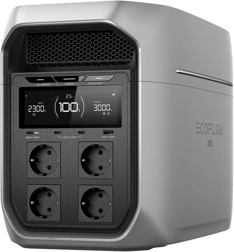 EF ECOFLOW ▫️ Estação de energia portátil ECOFLOW Delta 3 MAX Plus, 2048 Wh, expansível até 10 kWh, LiFePO4, saída CA de 3000 W, carregamento rápido de 0 a 80% em 47 minutos, Bateria de reserva UPS de 10 ms, gerador solar para casa/campismo