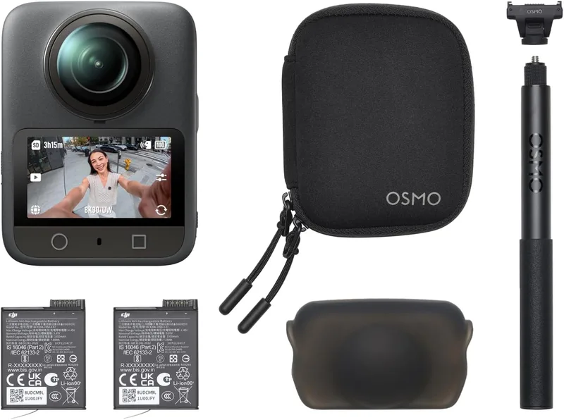 DJI ▫️ Osmo 360 Essential Pack, câmara de 360° com imagem de 360° de 1 polegada, vídeo nativo de 8K 360°, vídeo 4K/120 fps e impulso de 170°, kit de bastão de selfie invisível de 1,2 m, bateria alargada com 2 baterias