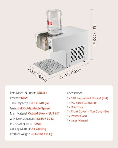 VEVOR ▫️ Máquina de gelo em flocos de neve 60 kg/dia, com lâmina em aço inoxidável, com reservatório de 1,8 L e arrefecimento rápido em 90 s, ideal para pequenos eventos em casa, 420 x 260 x 300 mm 7