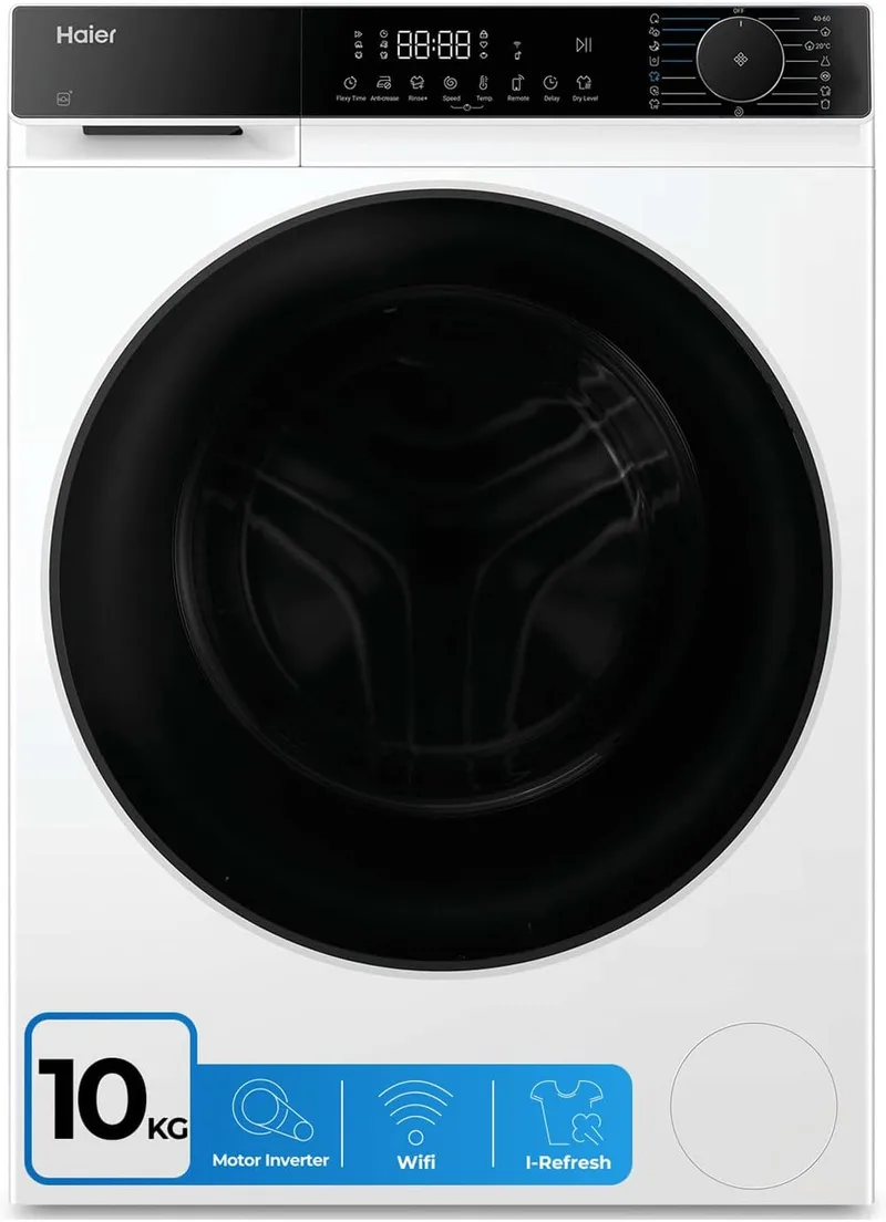 Haier ▫️ X 5 HWD100-BP16357US Máquina de lavar e secar roupa, Capacidade 10 kg + 6 kg, Motor Inverter, Wi-Fi, tecnologia antibacteriana, função Refresh, início diferido, detetor de peso, 60 cm de largura, 1600 RPM, 16 programas, branca