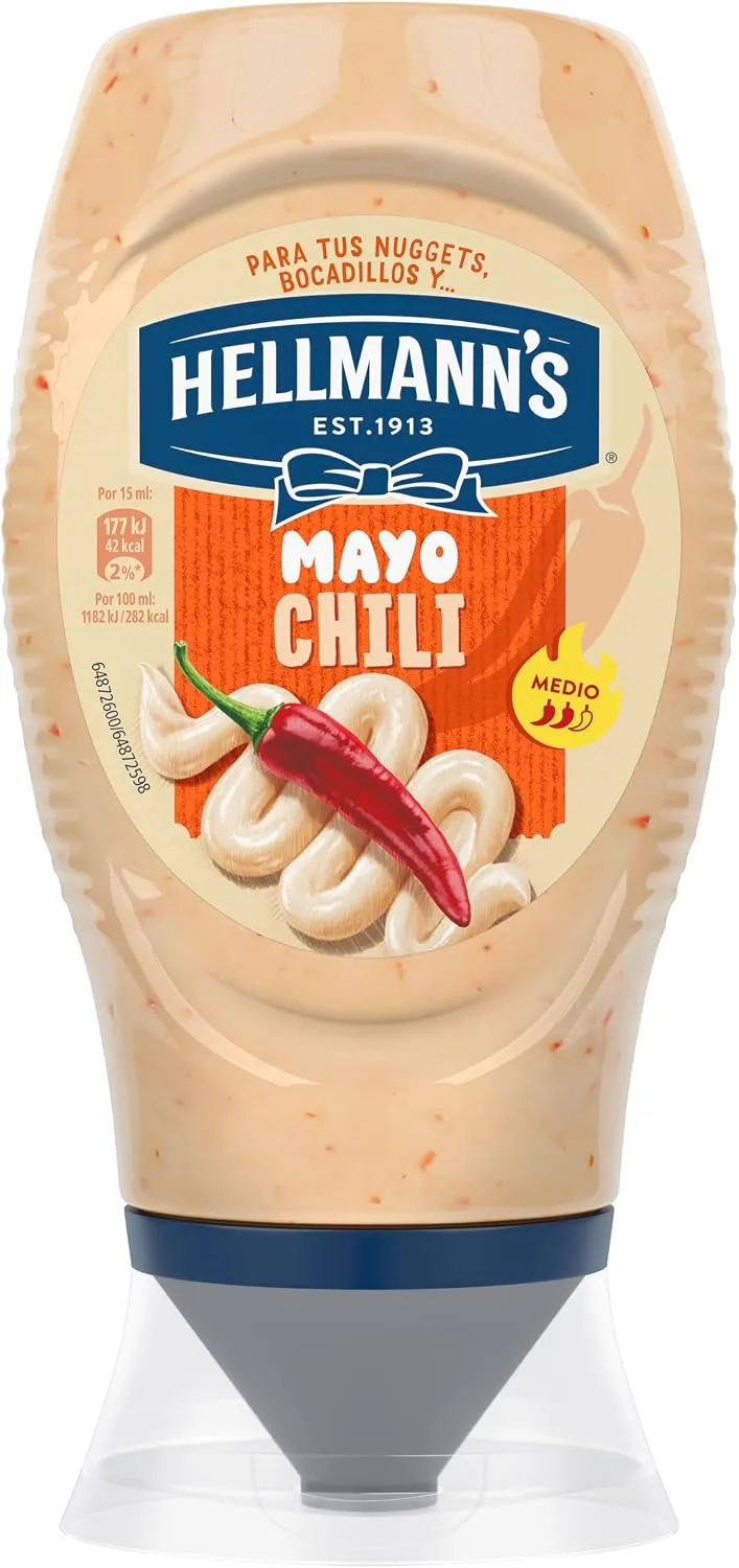 Maizena ▫️ Maionese Hellmann's com Chili, sem glúten, de cabeça para baixo, 250 ml
