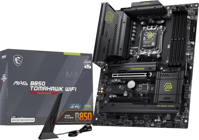MSI ▫️ Placa-mãe mag B850 Tomahawk WiFi, ATX - Compatível com processadores AMD Ryzen 9000/8000/7000, VRM AM5-80A SPS, memória DDR5 com impulso de 8200+ MT/s (OC), PCIe 5.0 x16, M.2 Gen5, Wi-Fi 7, LAN 5G
