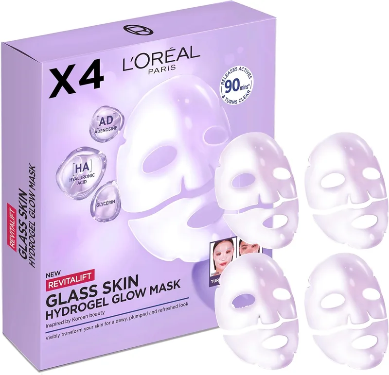 L'Oreal Paris ▫️ L'Oréal Paris Revitalift Filler Glass Máscara Facial de Hidrogel Iluminadora da Pele, Pele Suculenta e Radiante. Tratamento rejuvenescedor, Ácido Hialurónico, Glicerina, Extrato de Centella Asiatica, Embalagem de 4