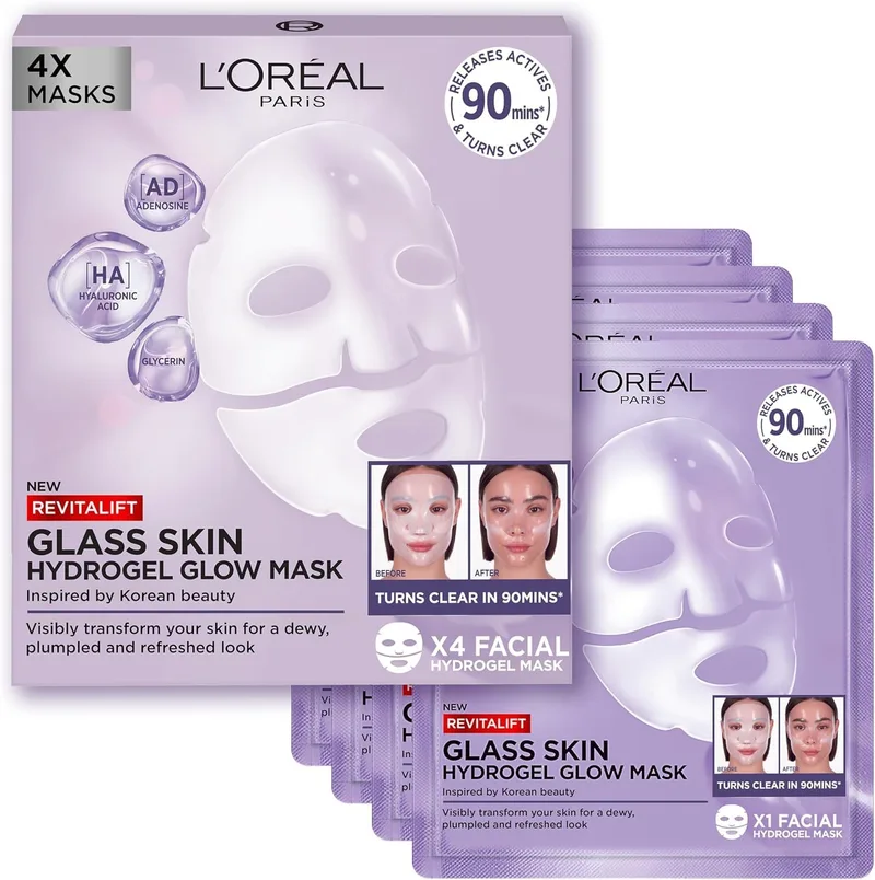L'Oreal Paris ▫️ L'Oréal Paris Revitalift Filler Glass Skin Máscara Facial de Hidrogel Iluminadora, Pele Hidratada e Radiante. Tratamento preenchedor, Ácido Hialurónico, Glicerina, Extrato de Centella Asiática, Embalagem de 4