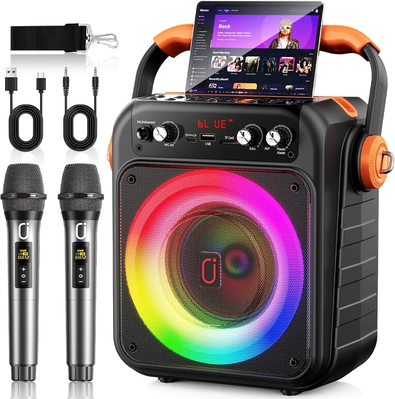 JYX ▫️ Karaoke com 2 microfones sem fios: Altifalante portátil de karaoke com Bluetooth 5.3, sistema de som para a família com subwoofer, compatível com Rec/AUX/USB/TF, disponível como presente para adultos e crianças
