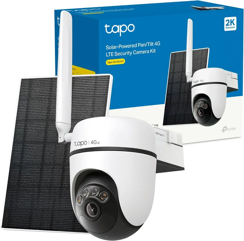 Tapo ▫️ Kit C615G - Câmara de segurança solar 4G LTE com rotação/inclinação de 360°, visão noturna a cores, deteção por IA de pessoas, veículos e animais de estimação, armazenamento local e na nuvem